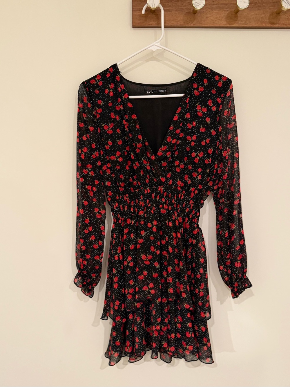 Zara Black Long Sleeve Mini Dress with Red Floral Print
